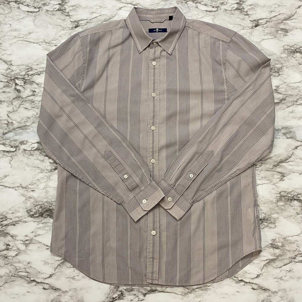 7 for all Mankind Mens Shirt Size L‎ Light Brown Beige Blue Striped Long Sleeve